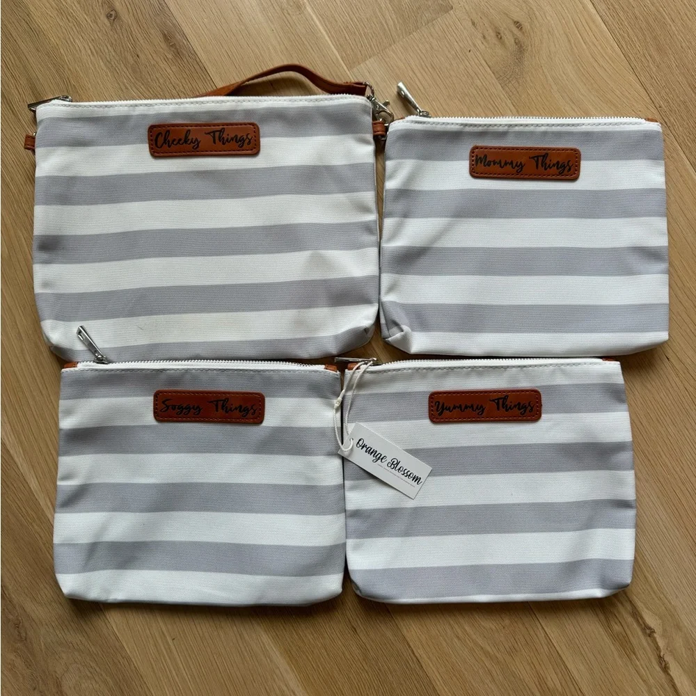 Orange Blossom • Set of 4 Diaper Bag Organizer Pouches • Grey & White Stripes